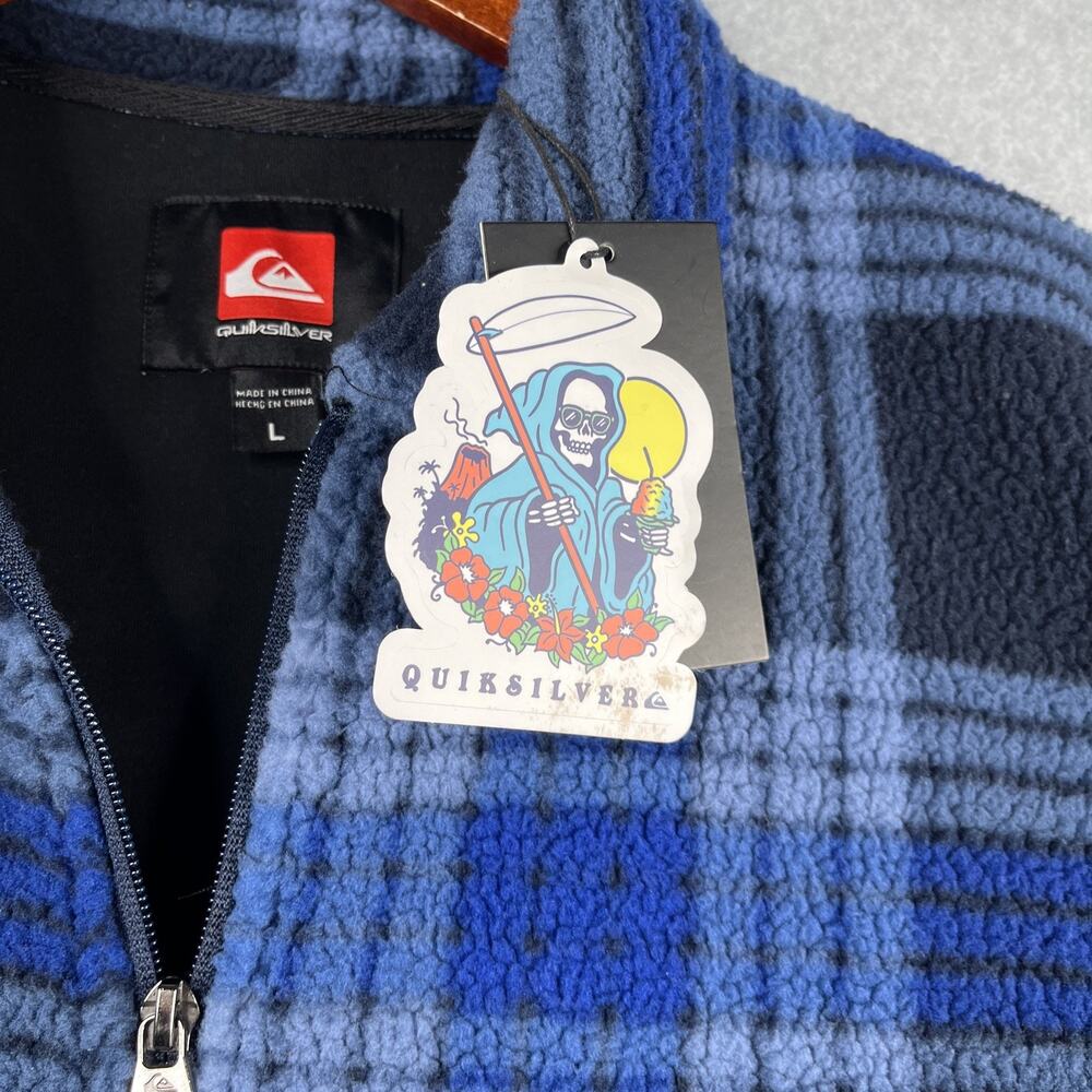 Quiksilver Sherpa Full Zip Sweatshirt Jacket Mens L Blue Plaid Warm Pockets New - Picture 4 of 14